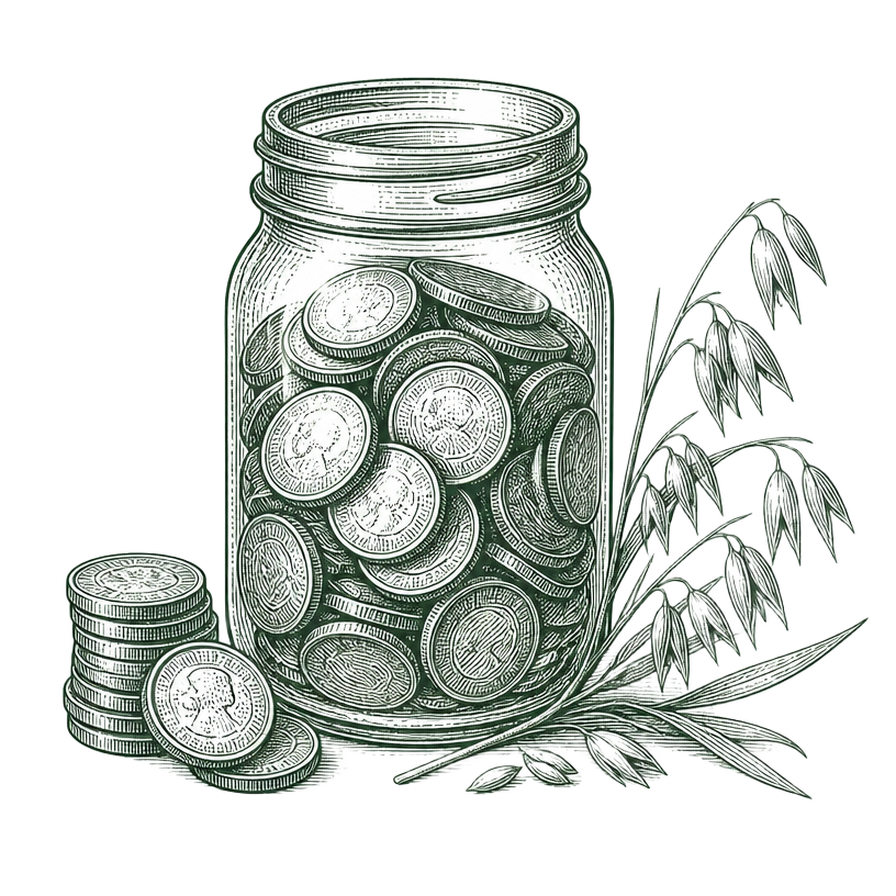Engraved illustration of a mason jar full of coins